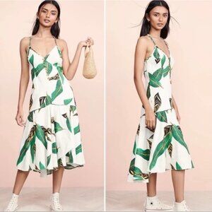 FARM RIO Amazonia Linen Midi Hi-Lo Dress Braided Straps Leaf Drop Waist